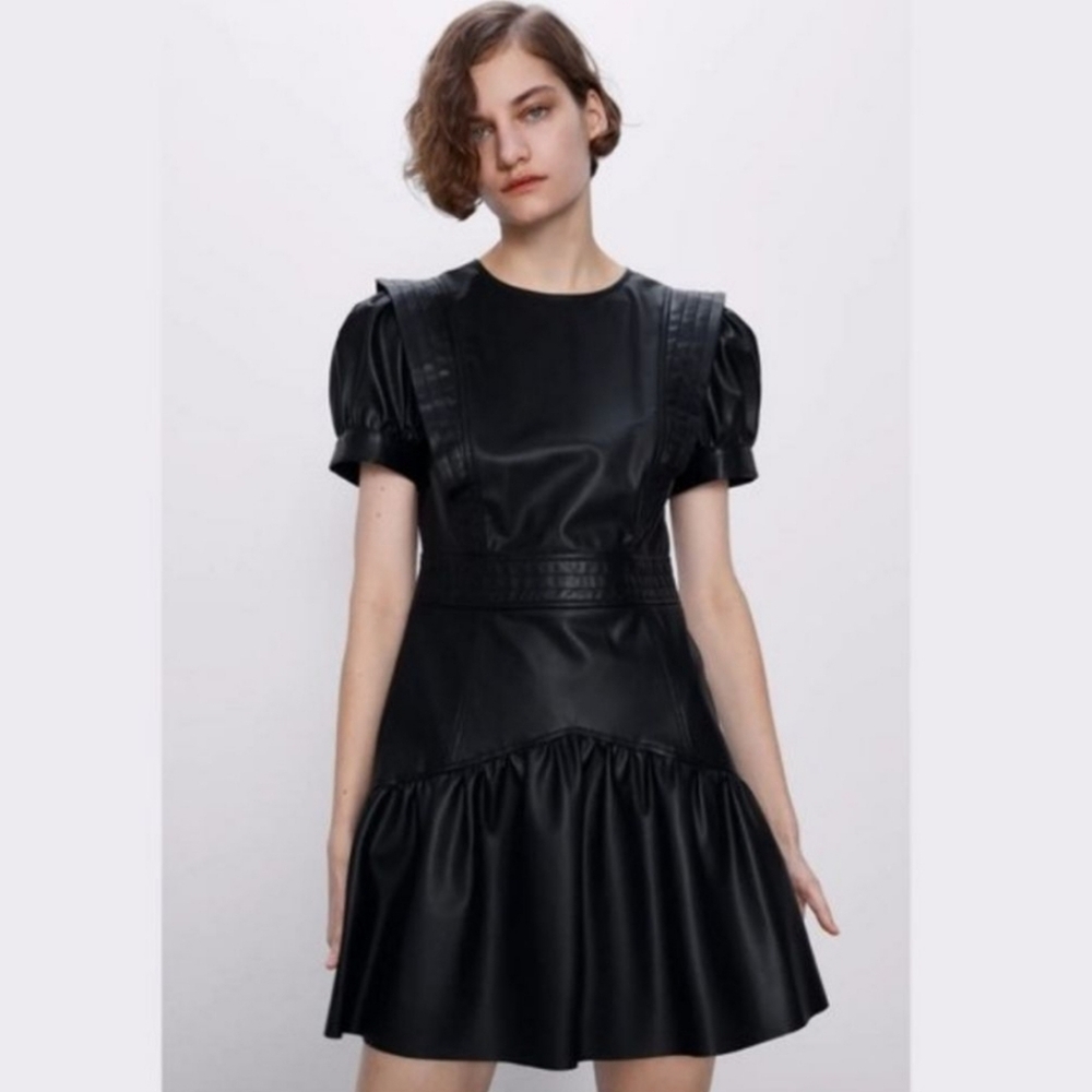 Elegant Black Faux Leather Mini Dress with Puff Sleeves Party Cocktail